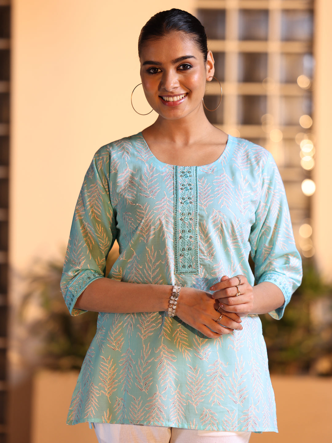 Blue Printed Straight Cotton Kurti