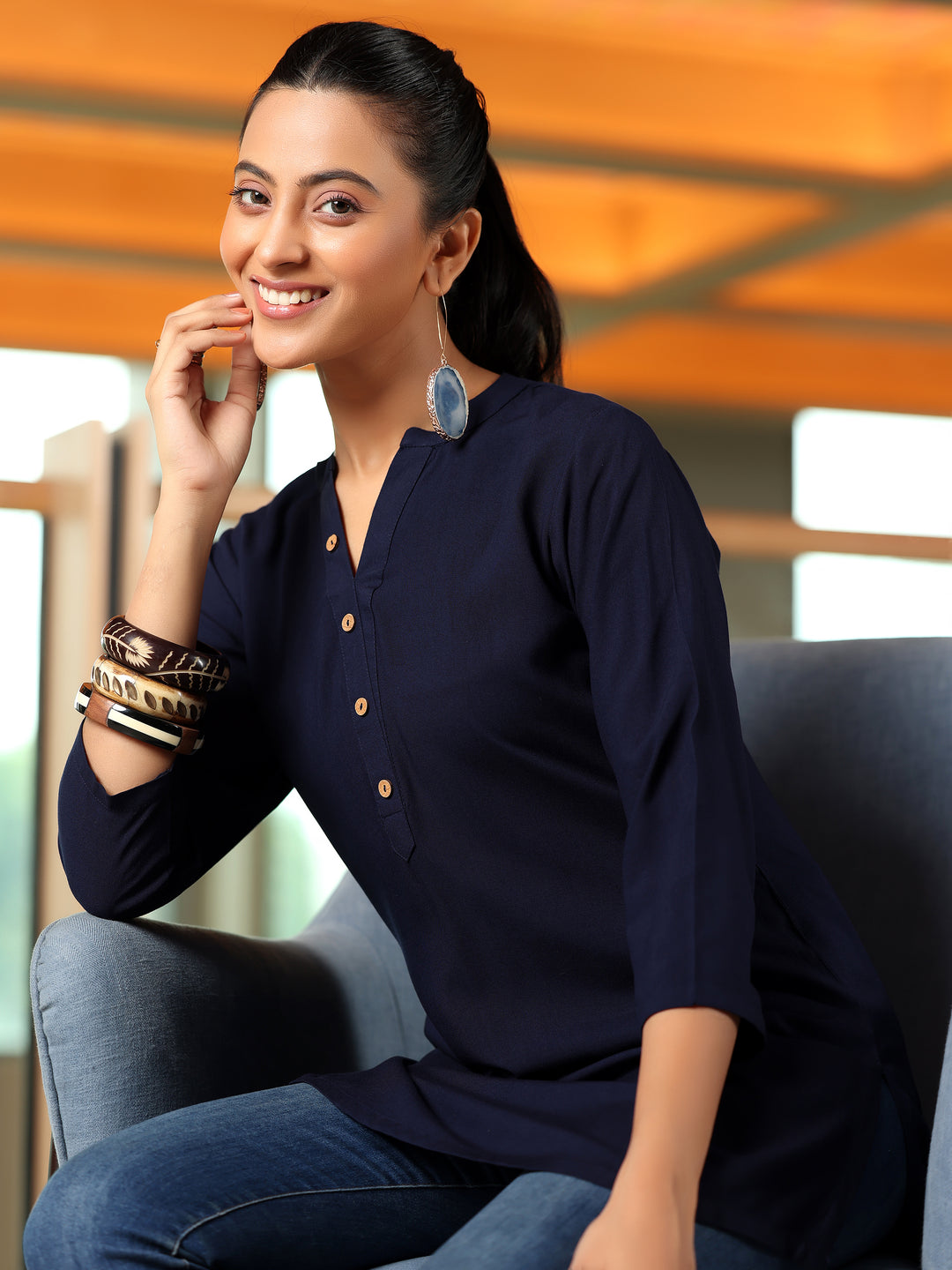 Navy Blue Solid Rayon Straight Kurti