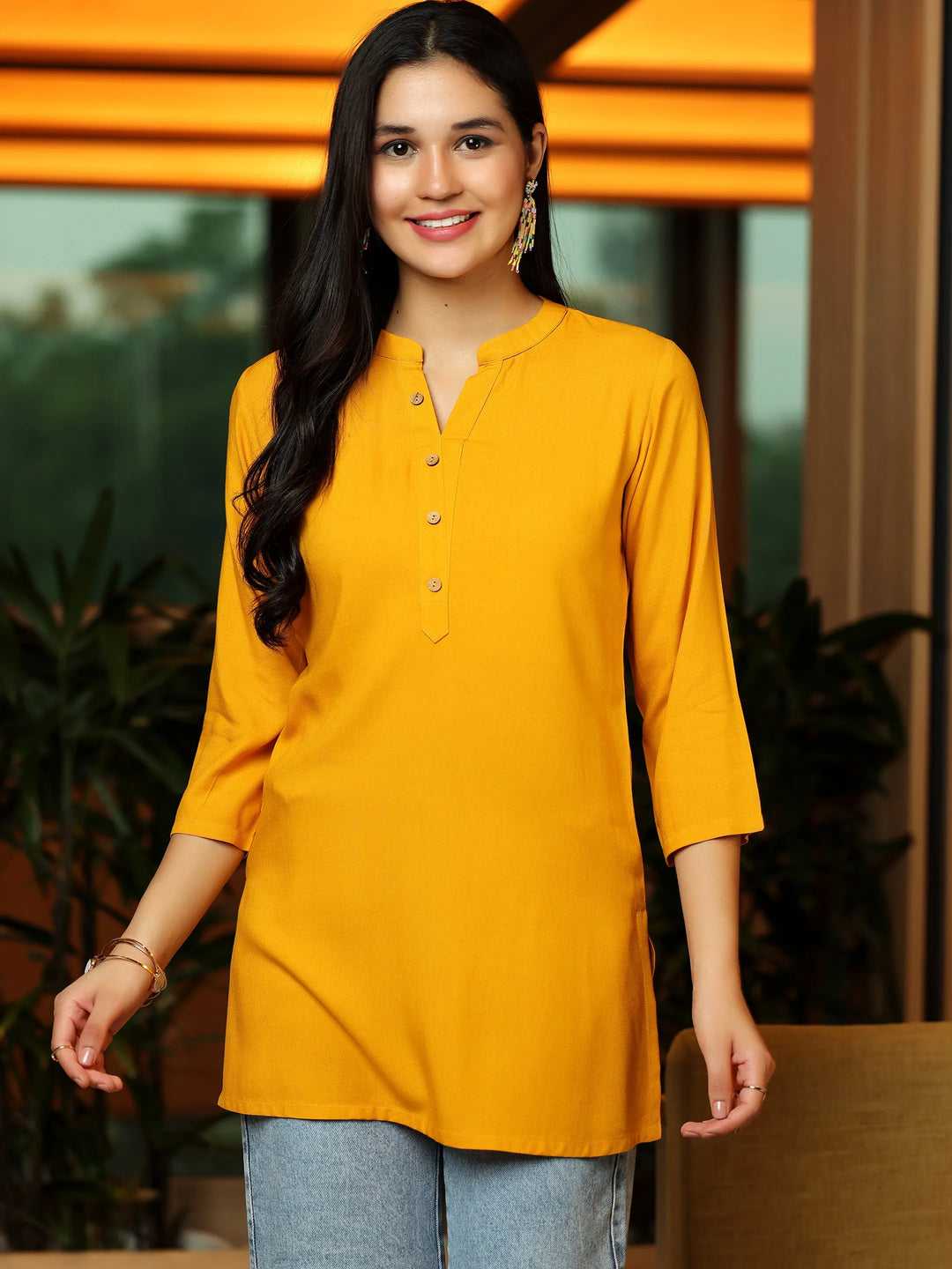  Mustard Solid Rayon Straight Kurti 