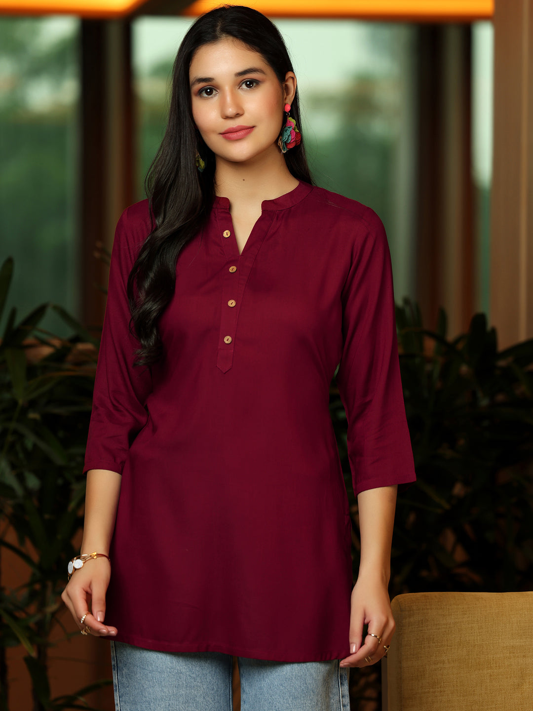 Maroon Solid Rayon Straight Kurti