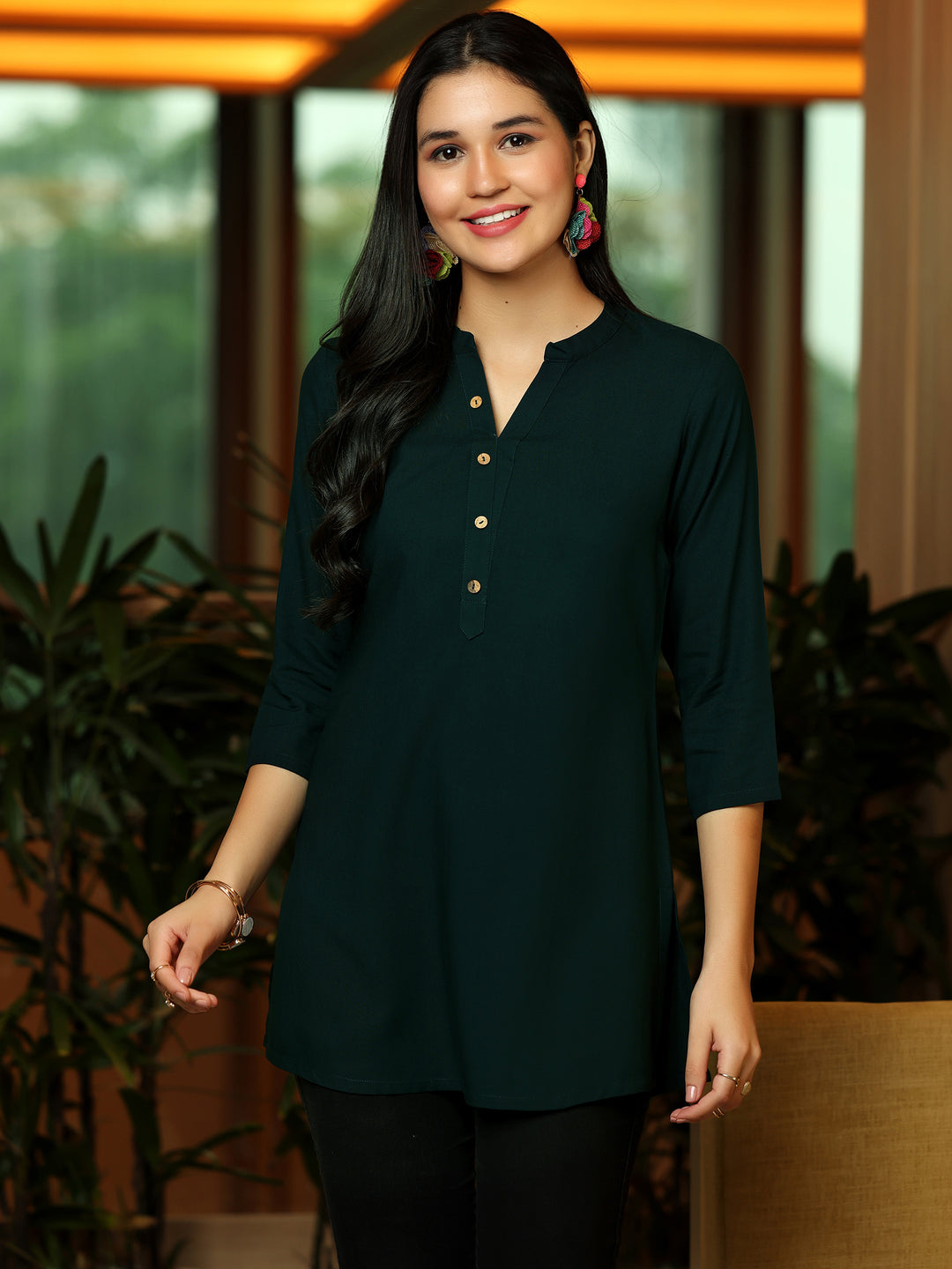 Green Solid Rayon Straight Kurti