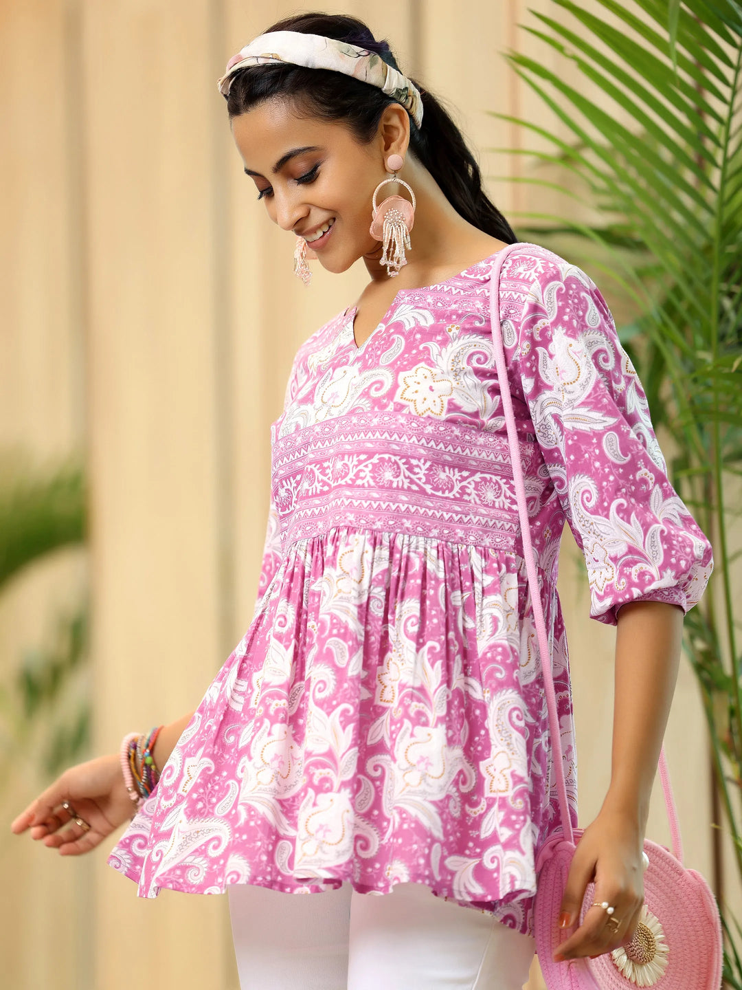  Pink Printed Cotton Anarkali Kurti 