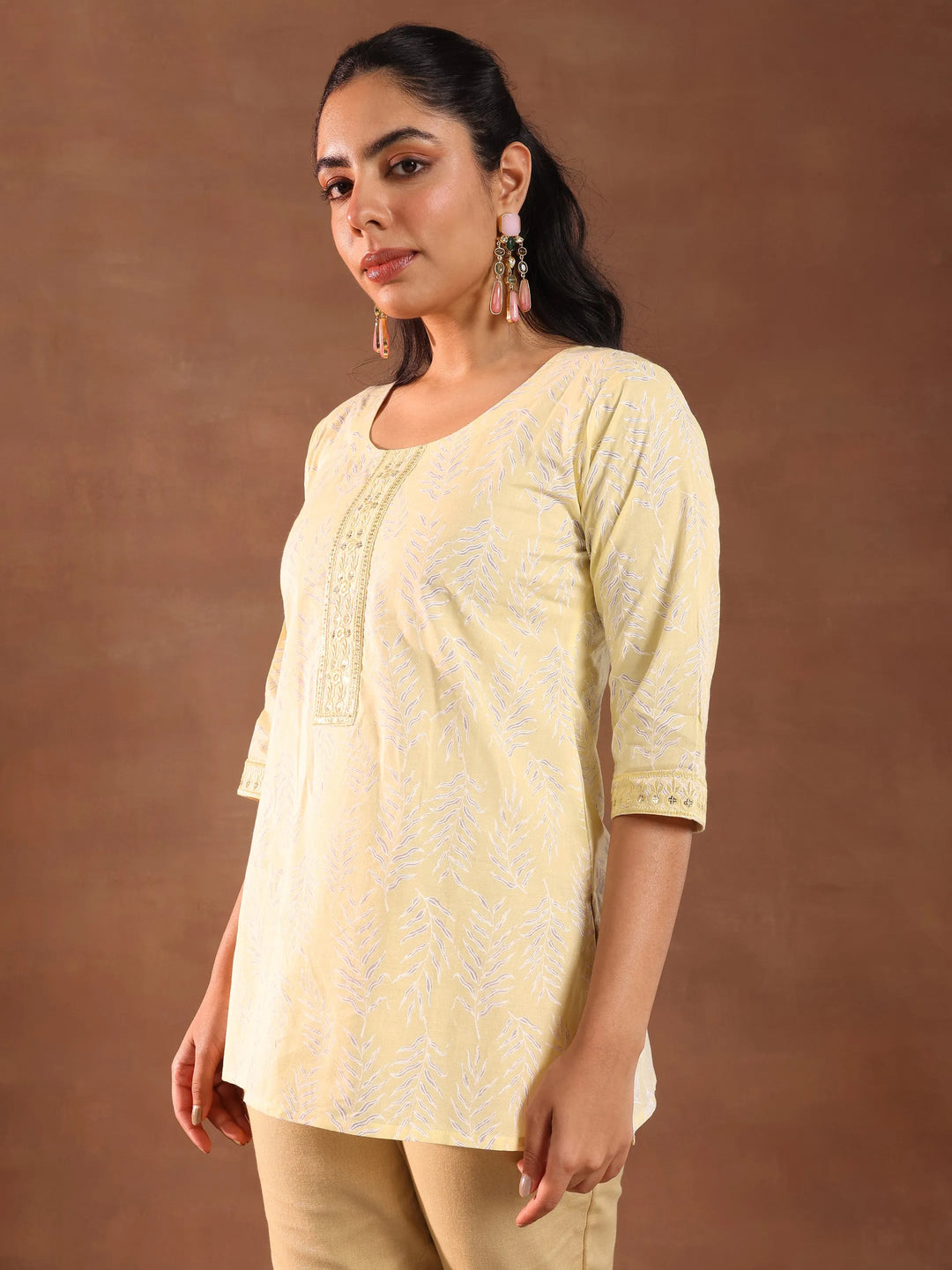  Yellow Printed Cotton Straight Kurti 