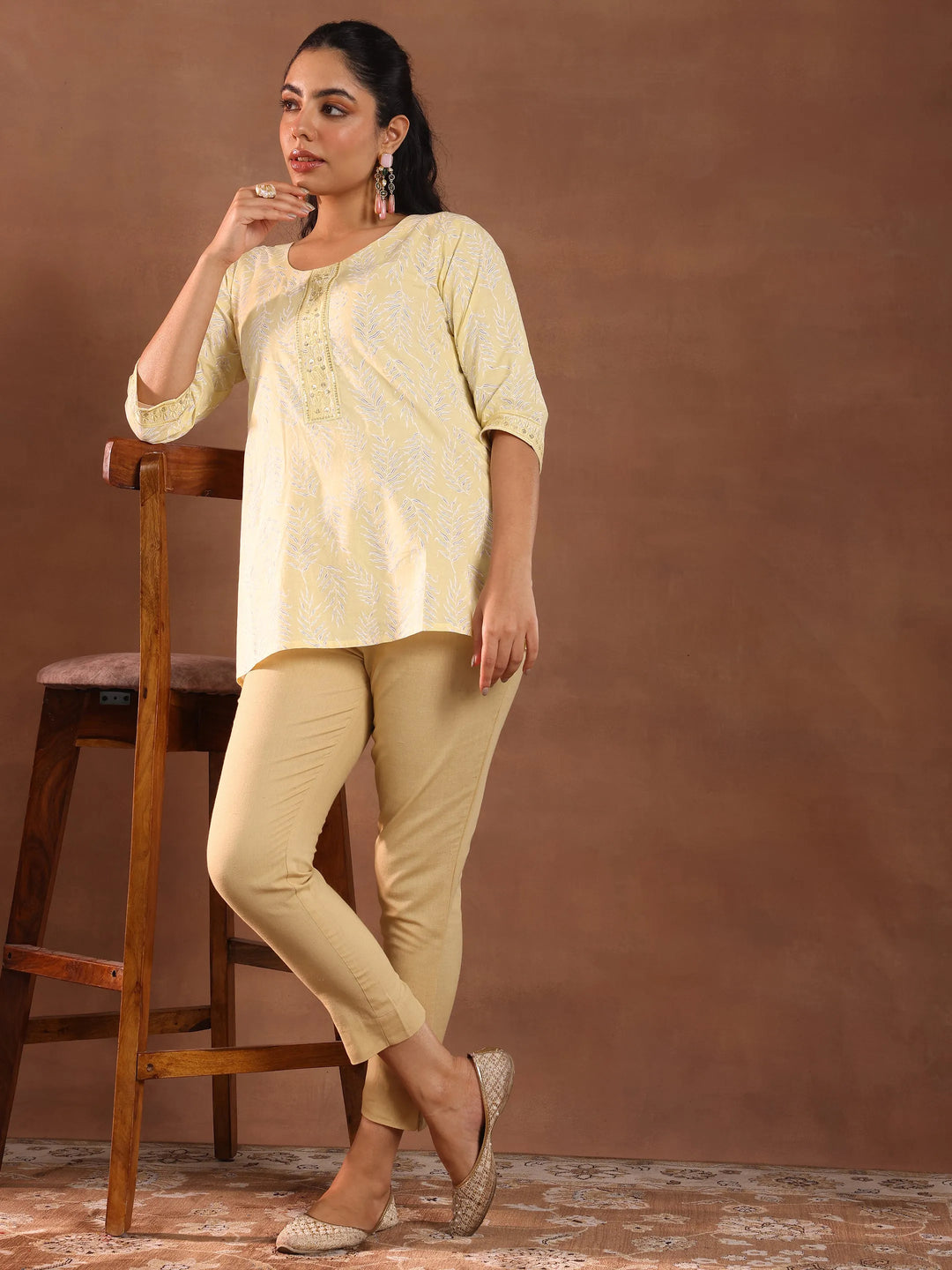  Yellow Printed Cotton Straight Kurti 