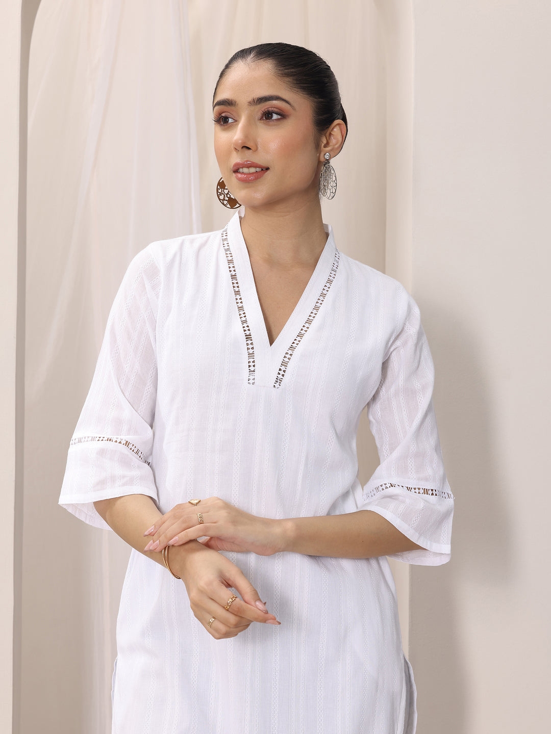  White Printed Cotton Straight Kurta 