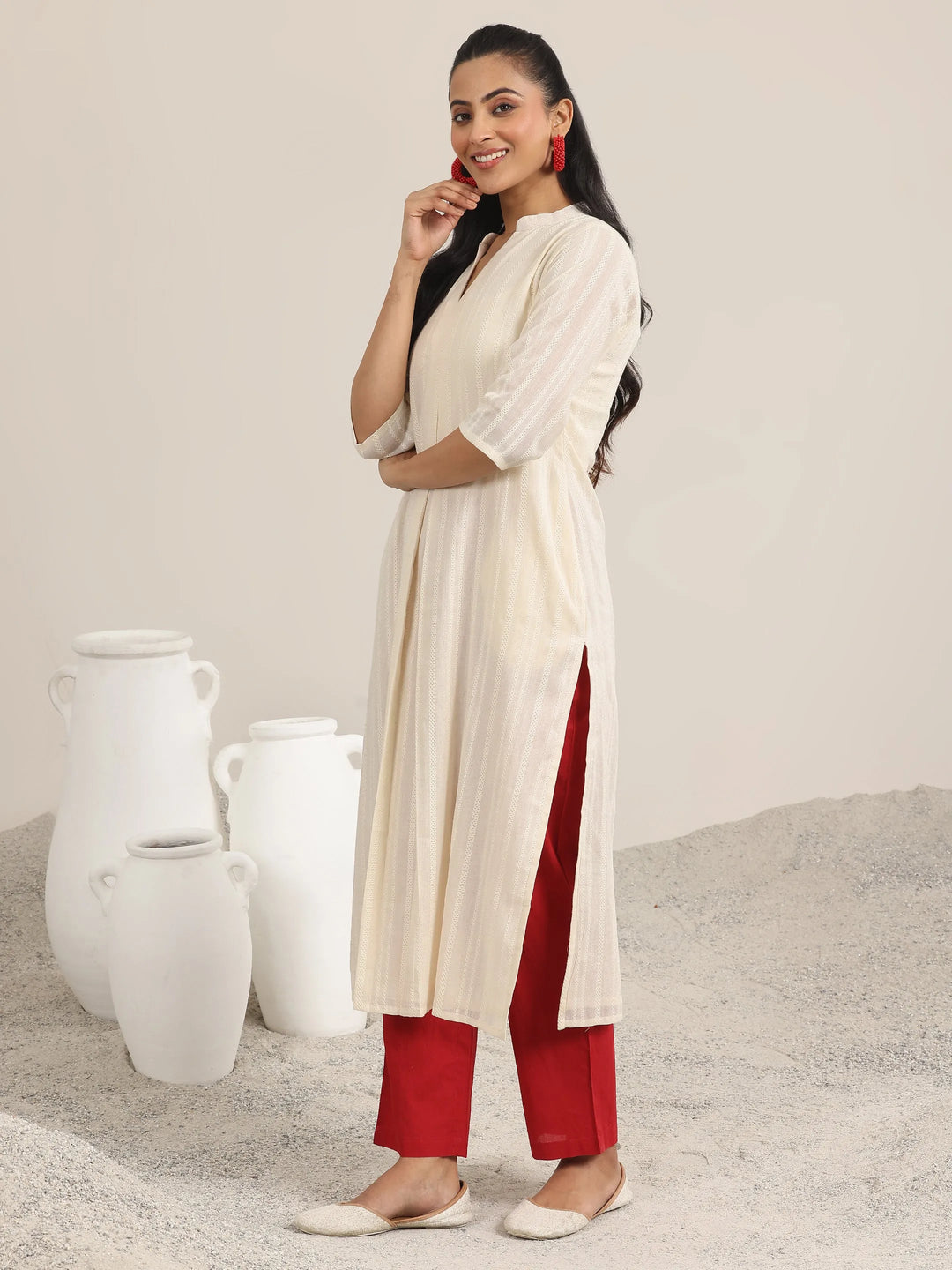  Off White Woven Design Cotton Straight Kurta 