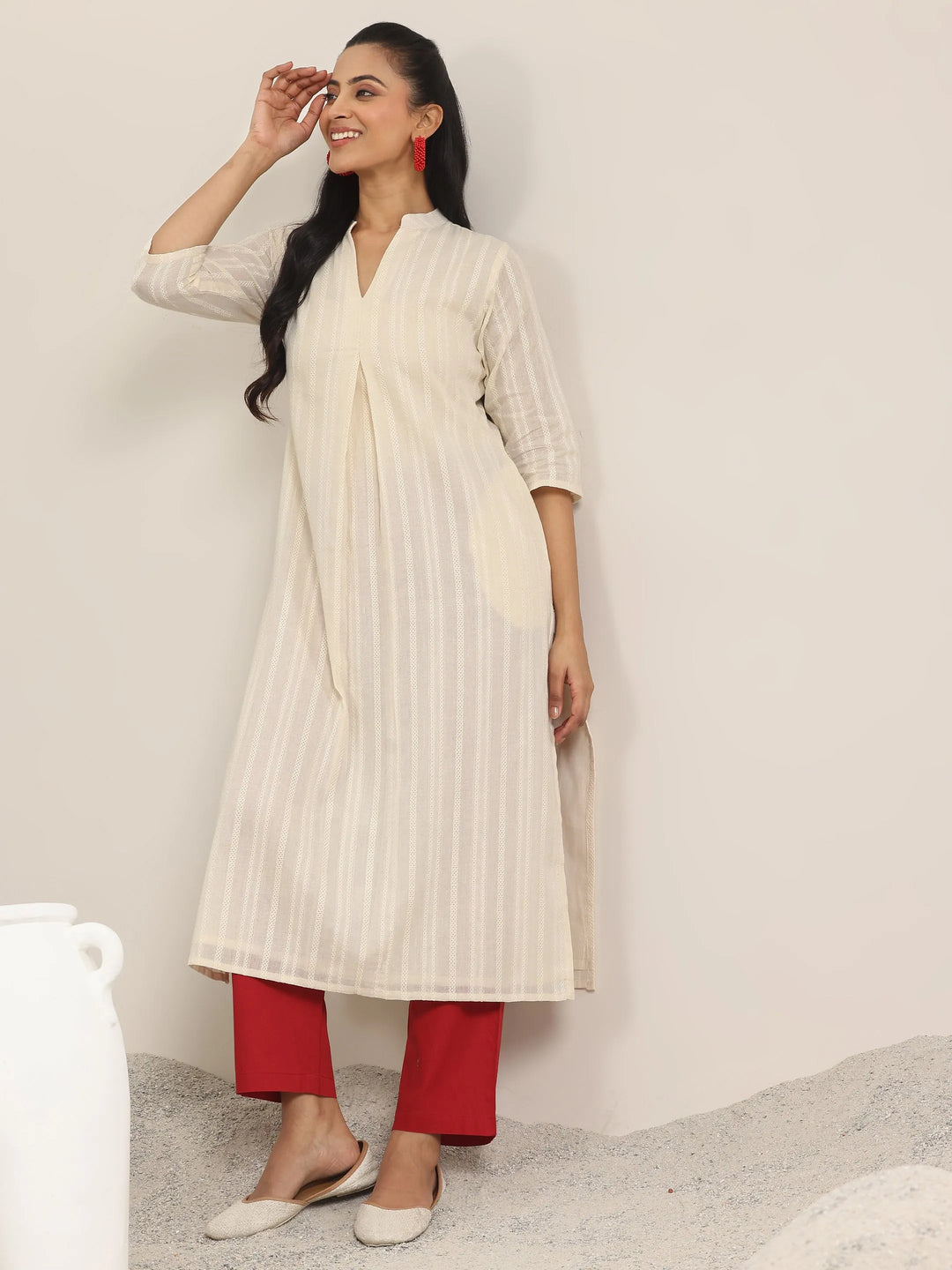  Off White Woven Design Cotton Straight Kurta 