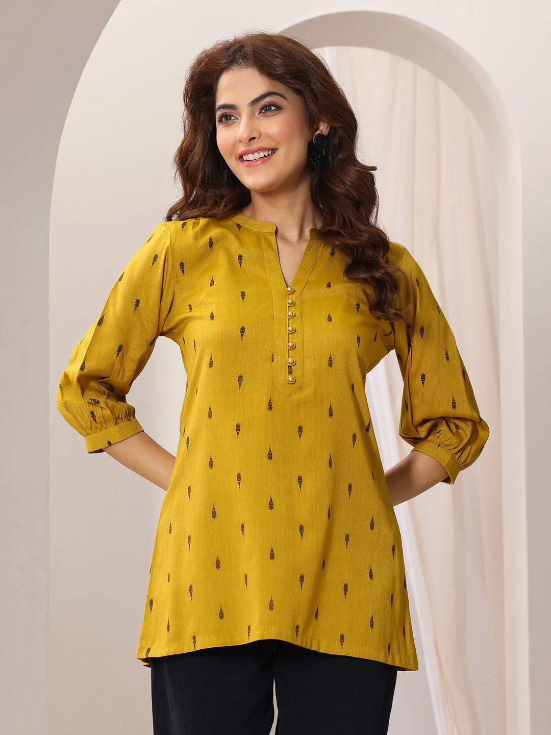  Mustard Woven Design Rayon Straight Short Kurti 