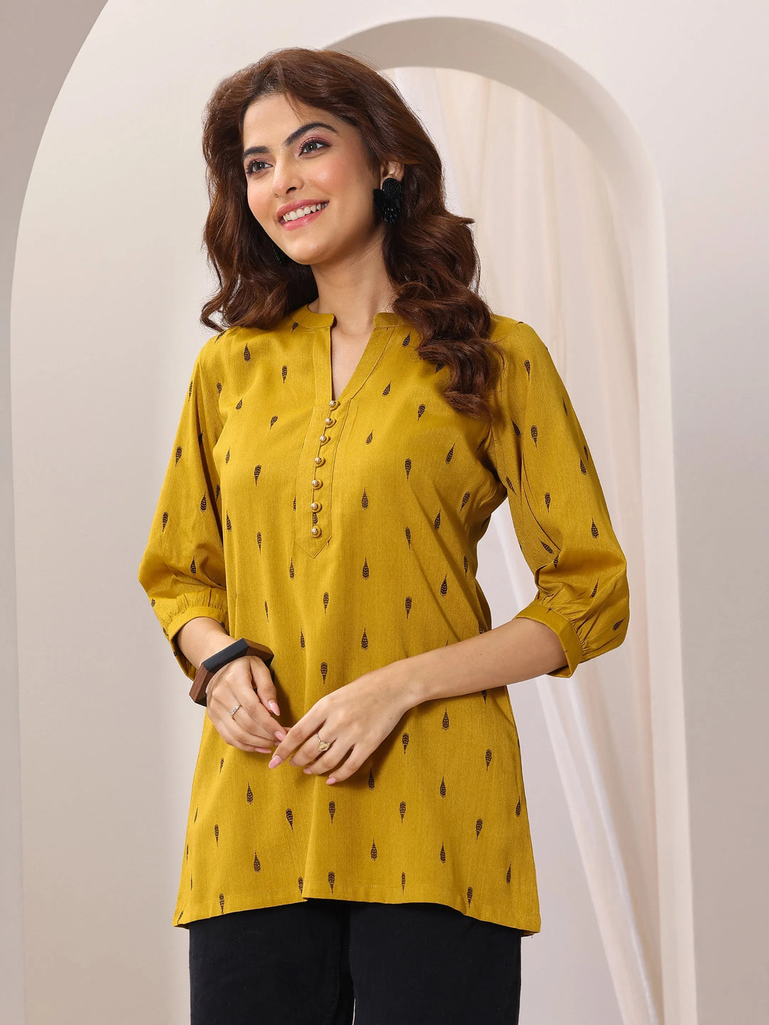  Mustard Woven Design Rayon Straight Short Kurti 