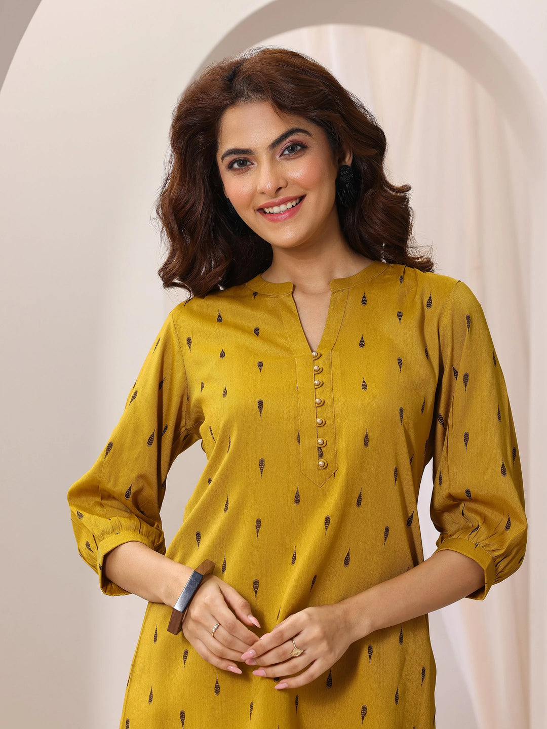  Mustard Woven Design Rayon Straight Short Kurti 