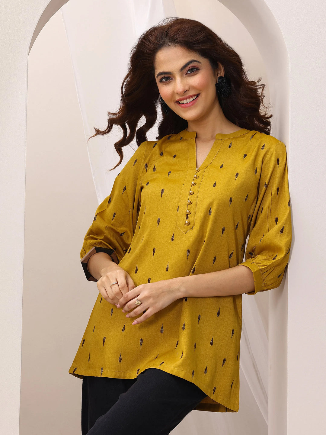  Mustard Woven Design Rayon Straight Short Kurti 