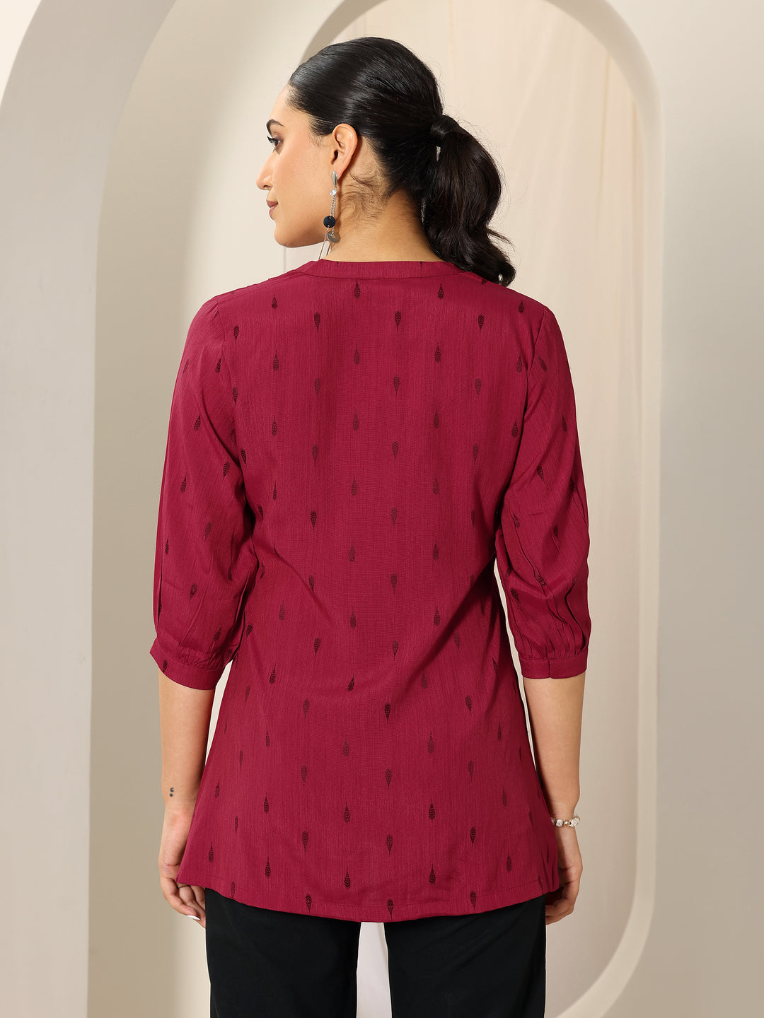  Maroon Woven Design Viscose Rayon Straight Short Kurti 