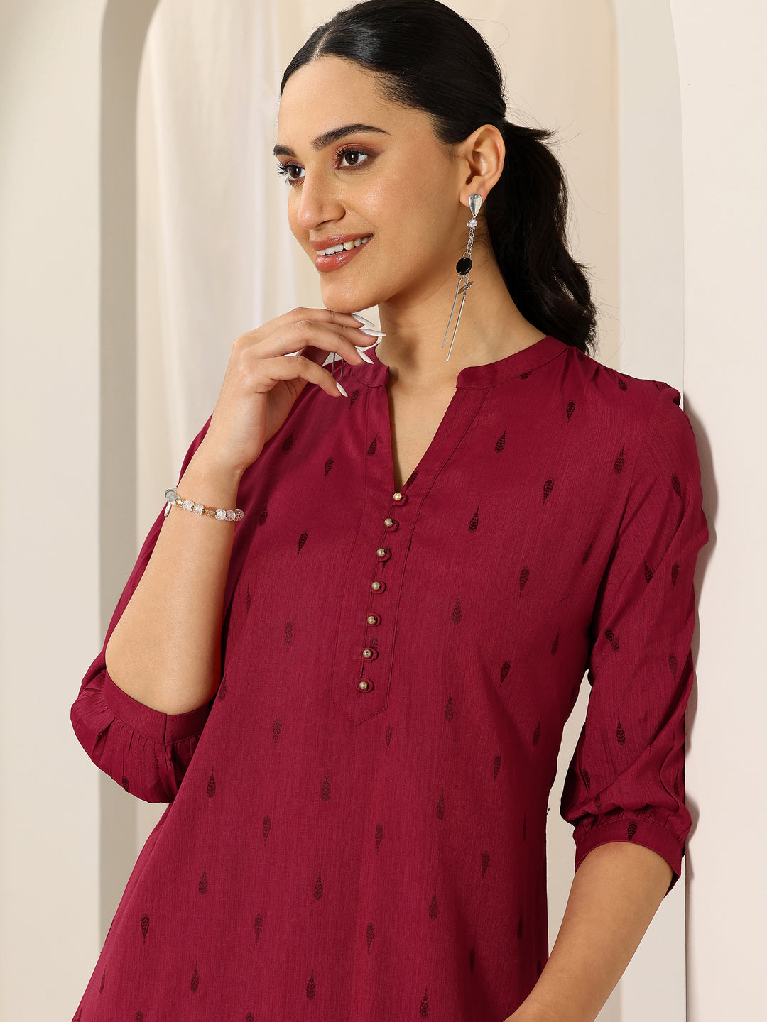  Maroon Woven Design Viscose Rayon Straight Short Kurti 