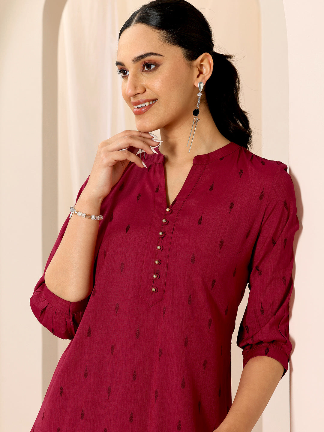  Maroon Woven Design Viscose Rayon Straight Short Kurti 