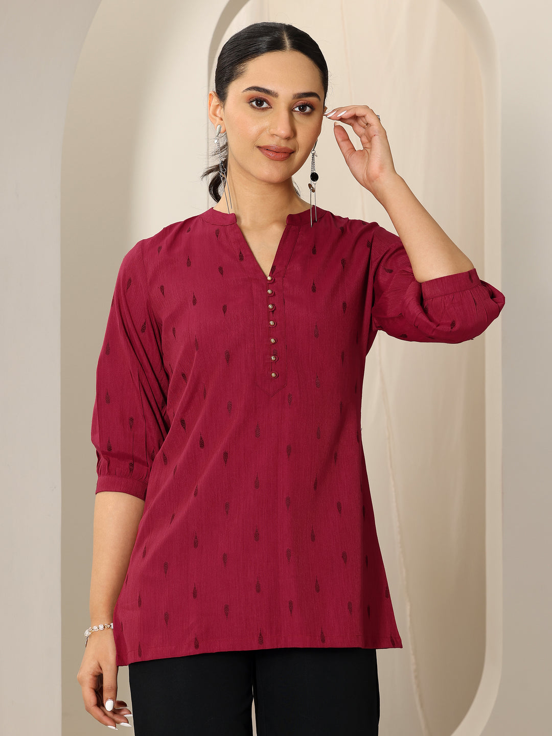  Maroon Woven Design Viscose Rayon Straight Short Kurti 