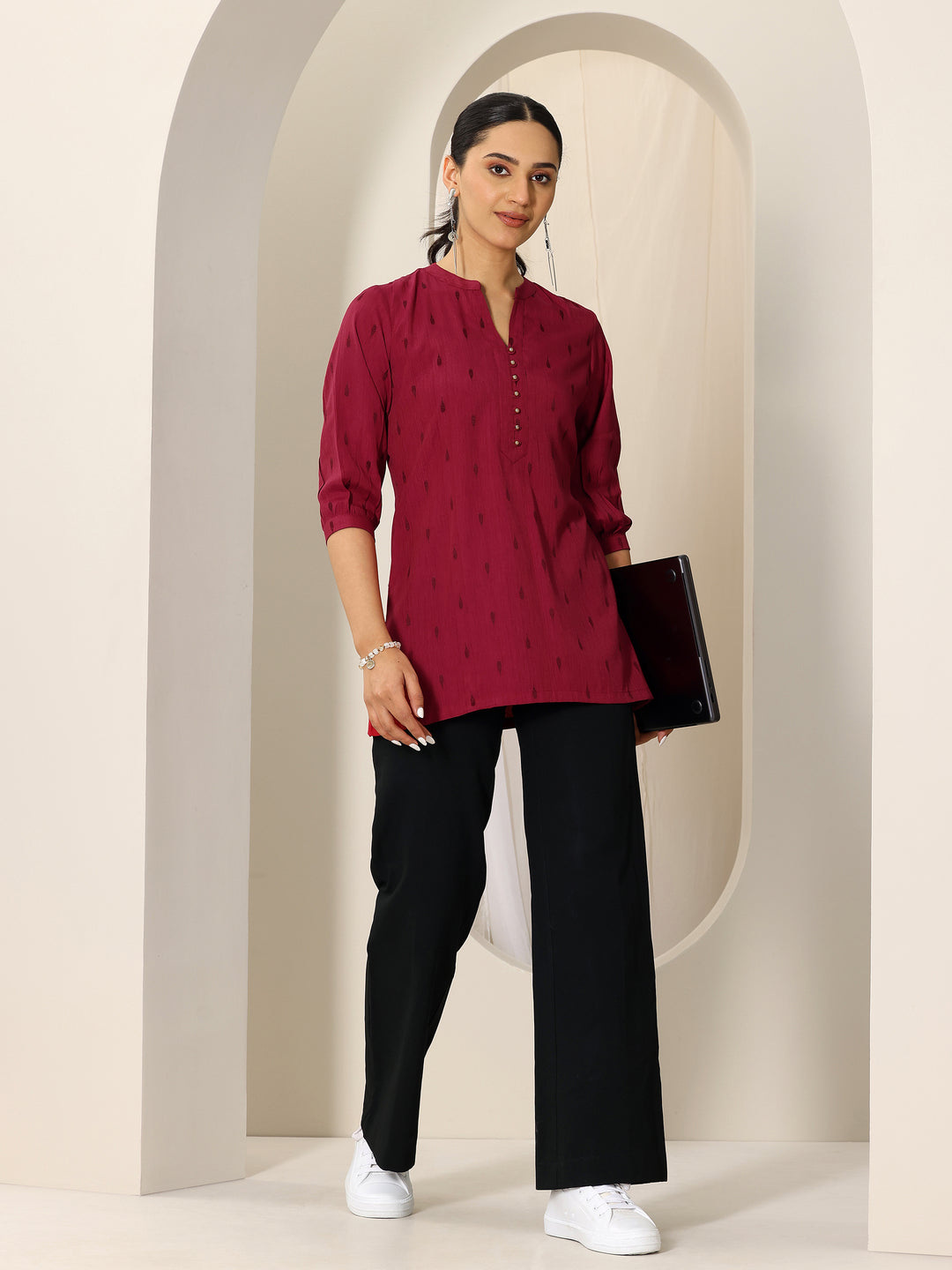  Maroon Woven Design Viscose Rayon Straight Short Kurti 