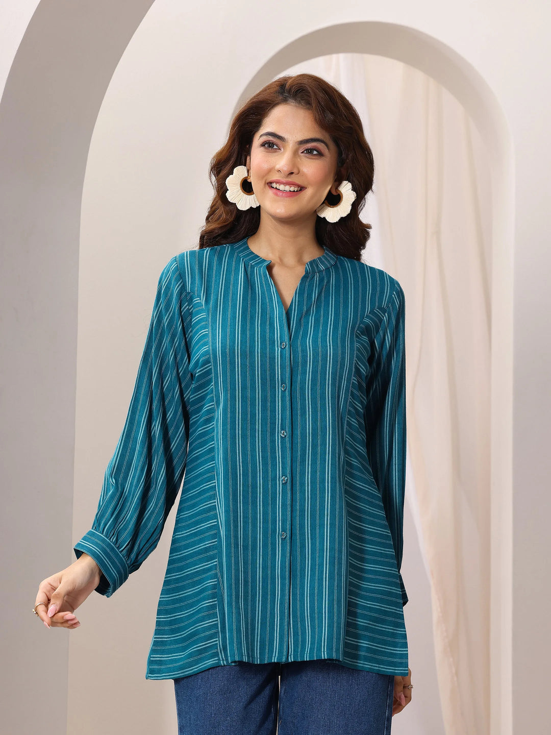  Teal Blue Woven Design Cotton Blend Straight Short Kurti 