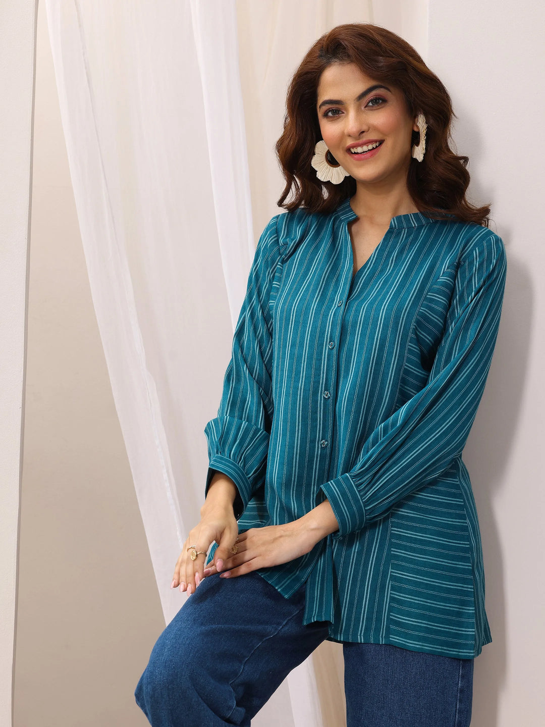  Teal Blue Woven Design Cotton Blend Straight Short Kurti 