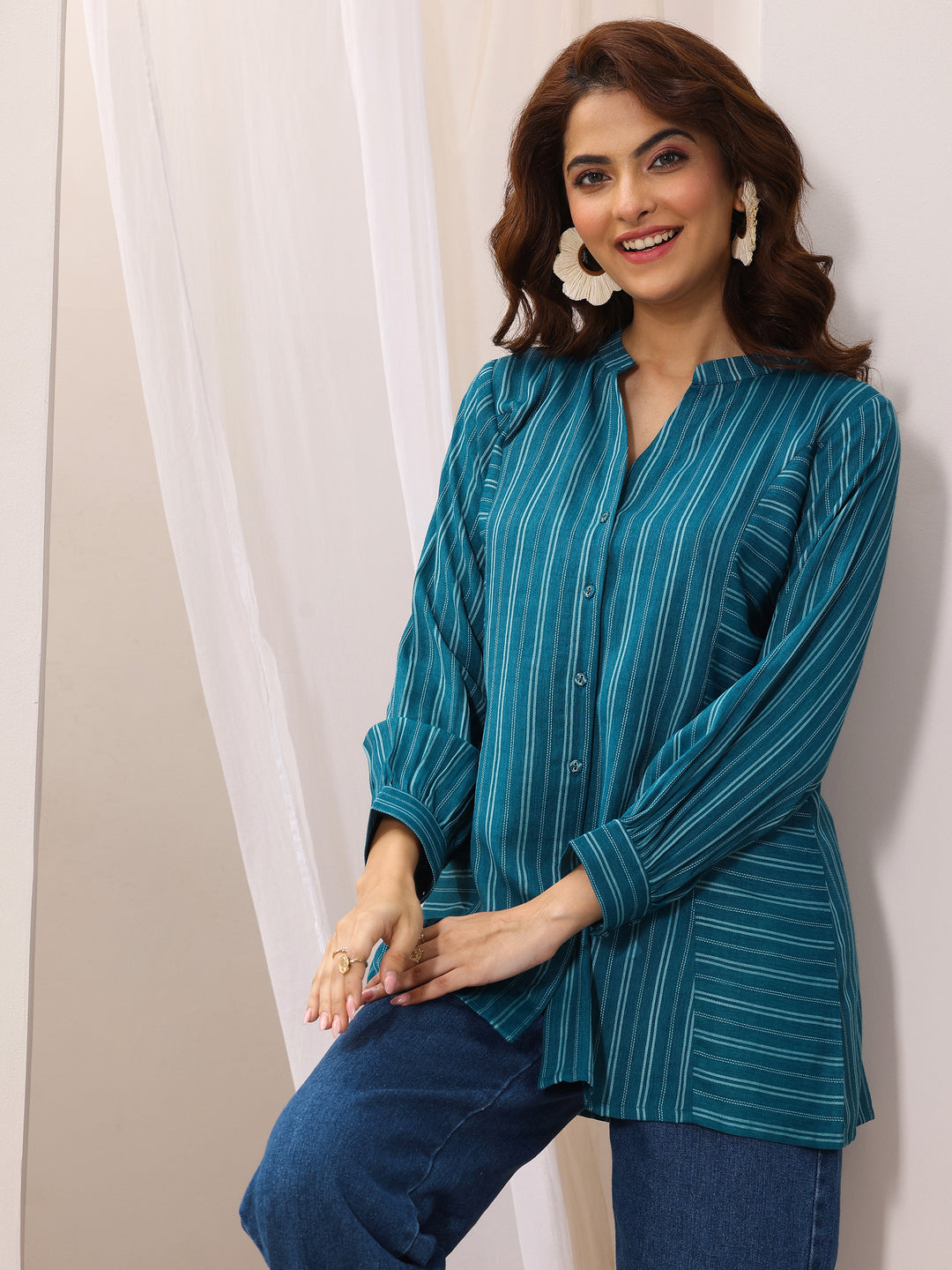 Teal Blue Woven Design Cotton Blend Straight Short Kurti