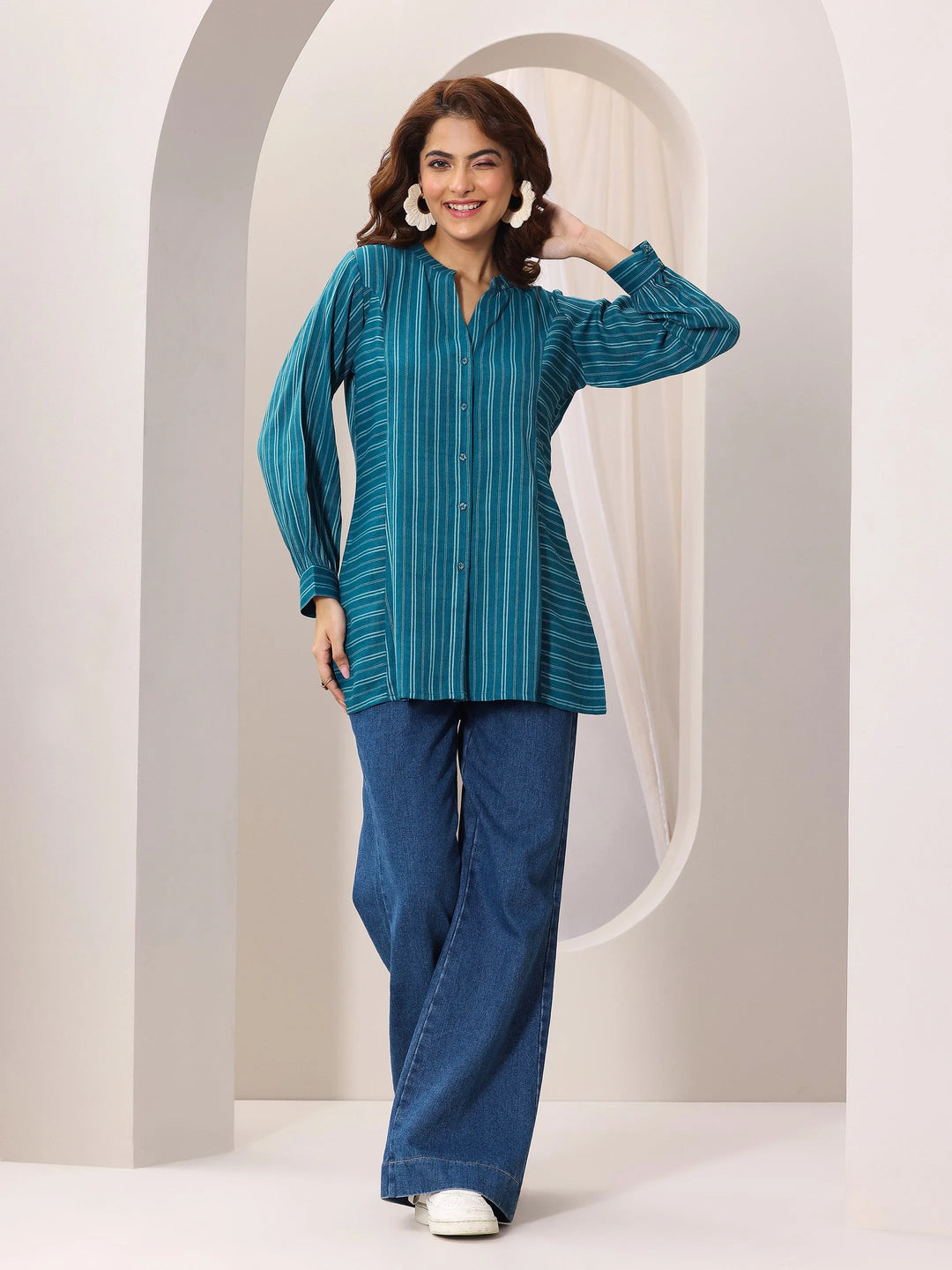  Teal Blue Woven Design Cotton Blend Straight Short Kurti 