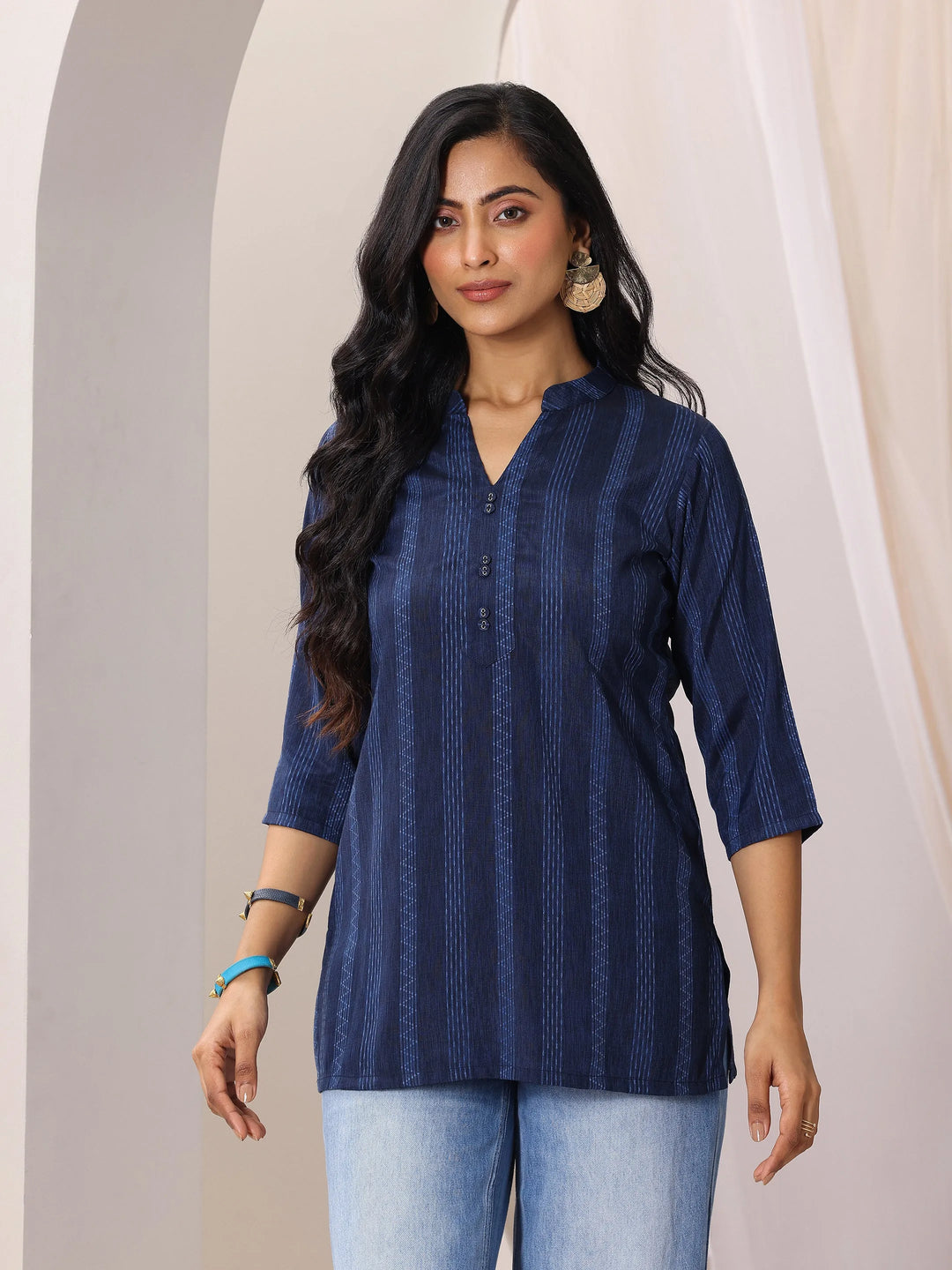  Blue Woven Design Cotton Blend Straight Short Kurti 