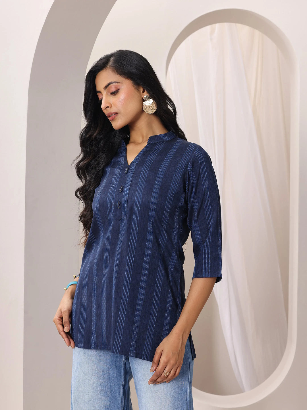  Blue Woven Design Cotton Blend Straight Short Kurti 