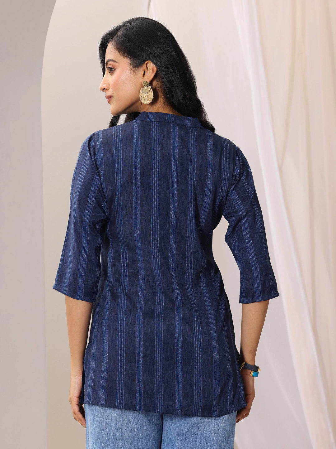  Blue Woven Design Cotton Blend Straight Short Kurti 