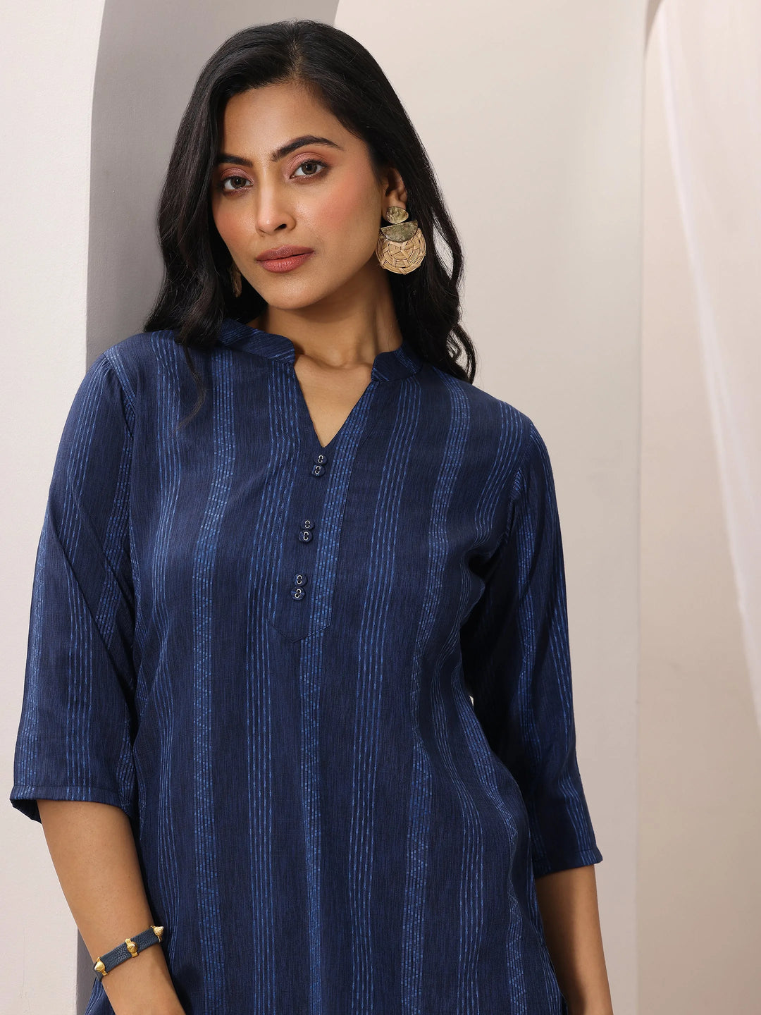  Blue Woven Design Cotton Blend Straight Short Kurti 