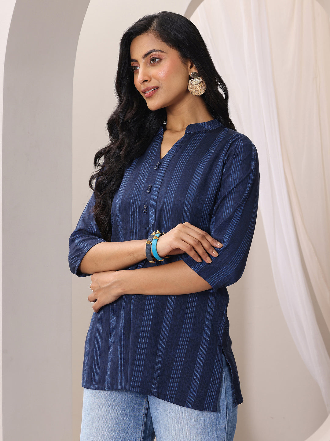 Blue Woven Design Cotton Blend Straight Short Kurti