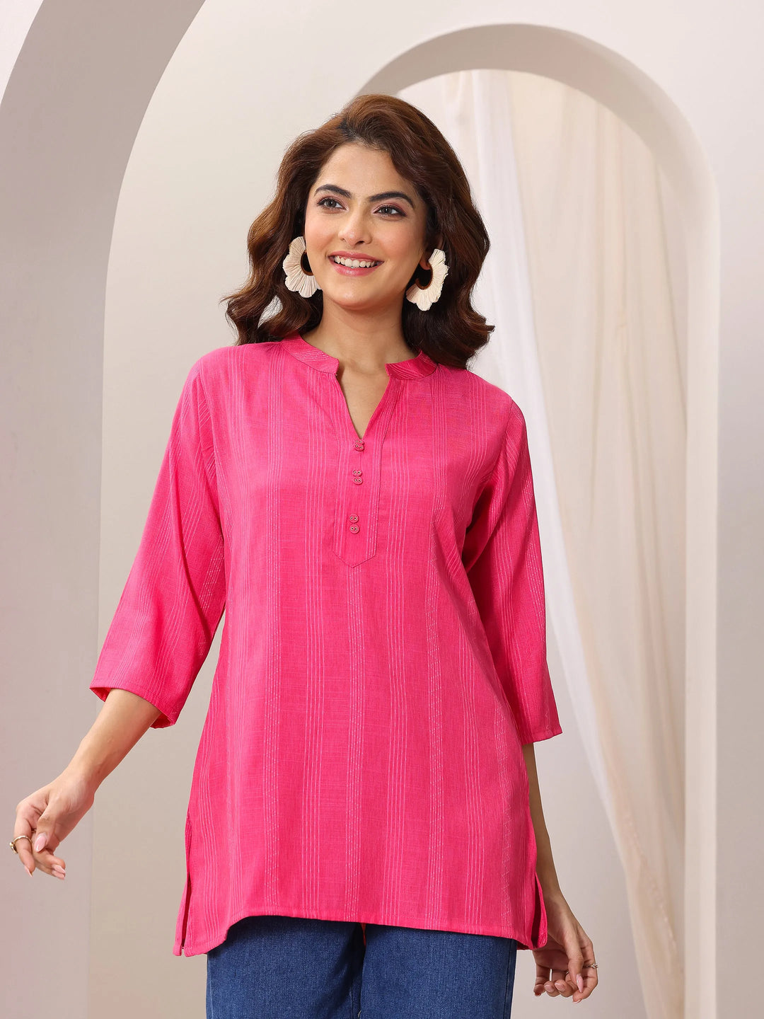  Pink Woven Design Cotton Blend Straight Short Kurti 