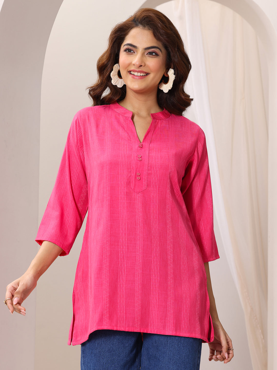 Pink Woven Design Cotton Blend Straight Short Kurti