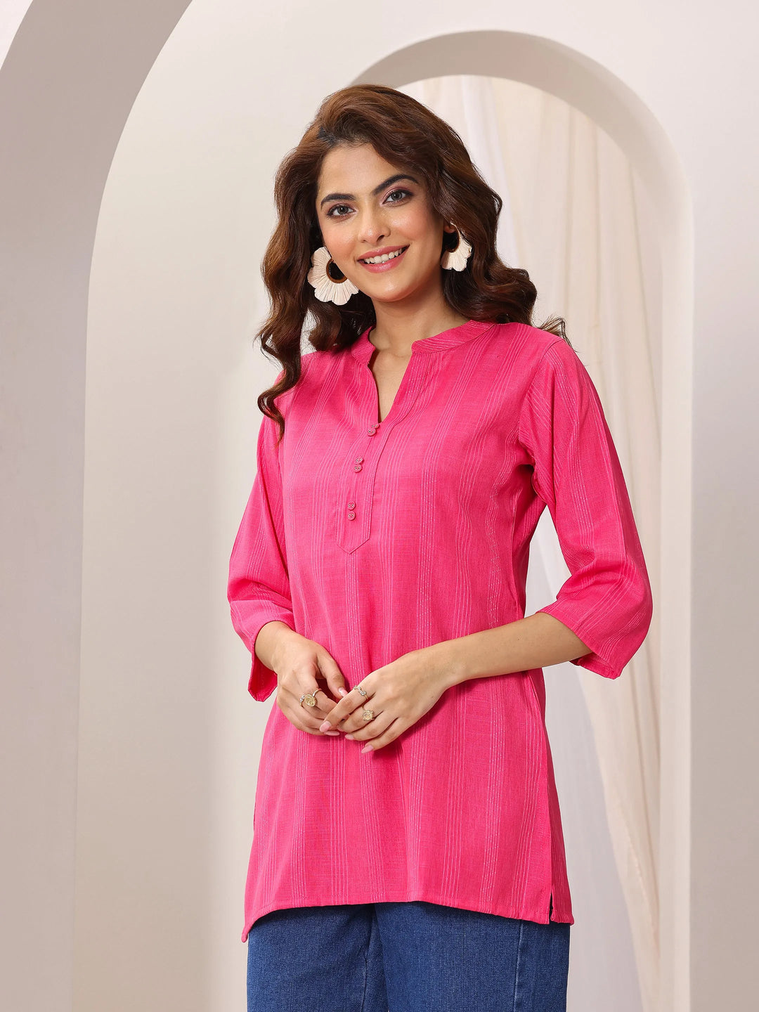  Pink Woven Design Cotton Blend Straight Short Kurti 