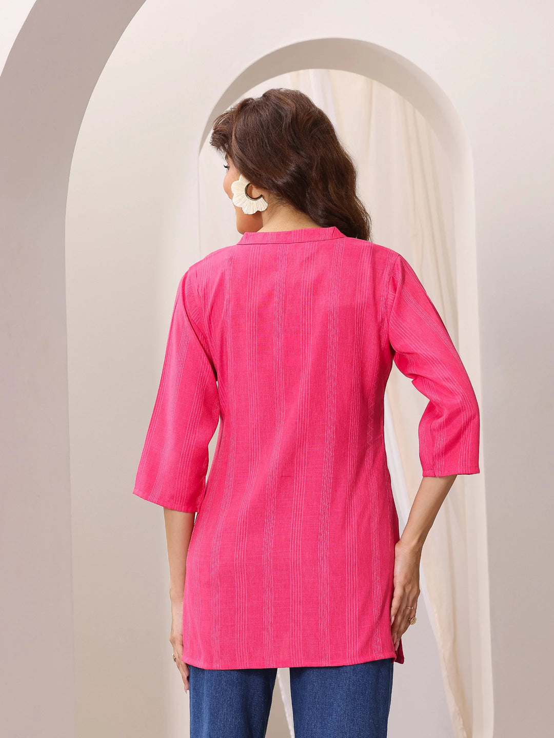  Pink Woven Design Cotton Blend Straight Short Kurti 