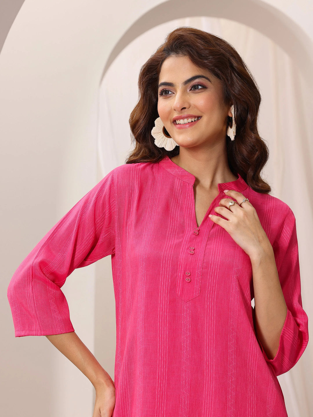  Pink Woven Design Cotton Blend Straight Short Kurti 