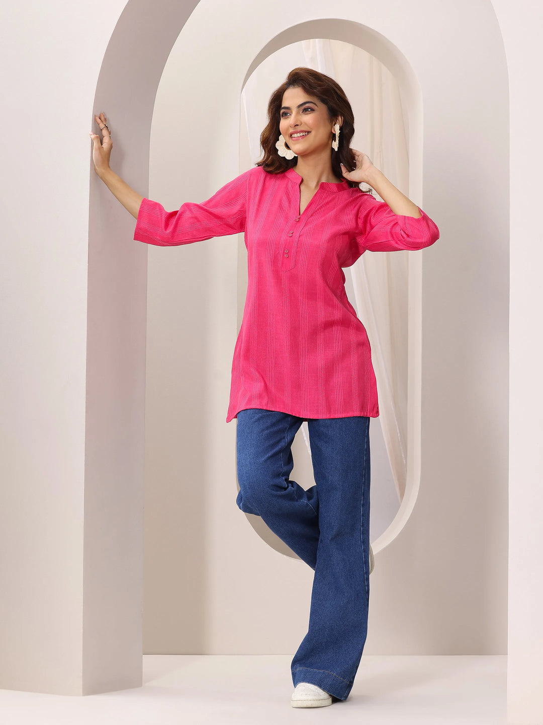  Pink Woven Design Cotton Blend Straight Short Kurti 