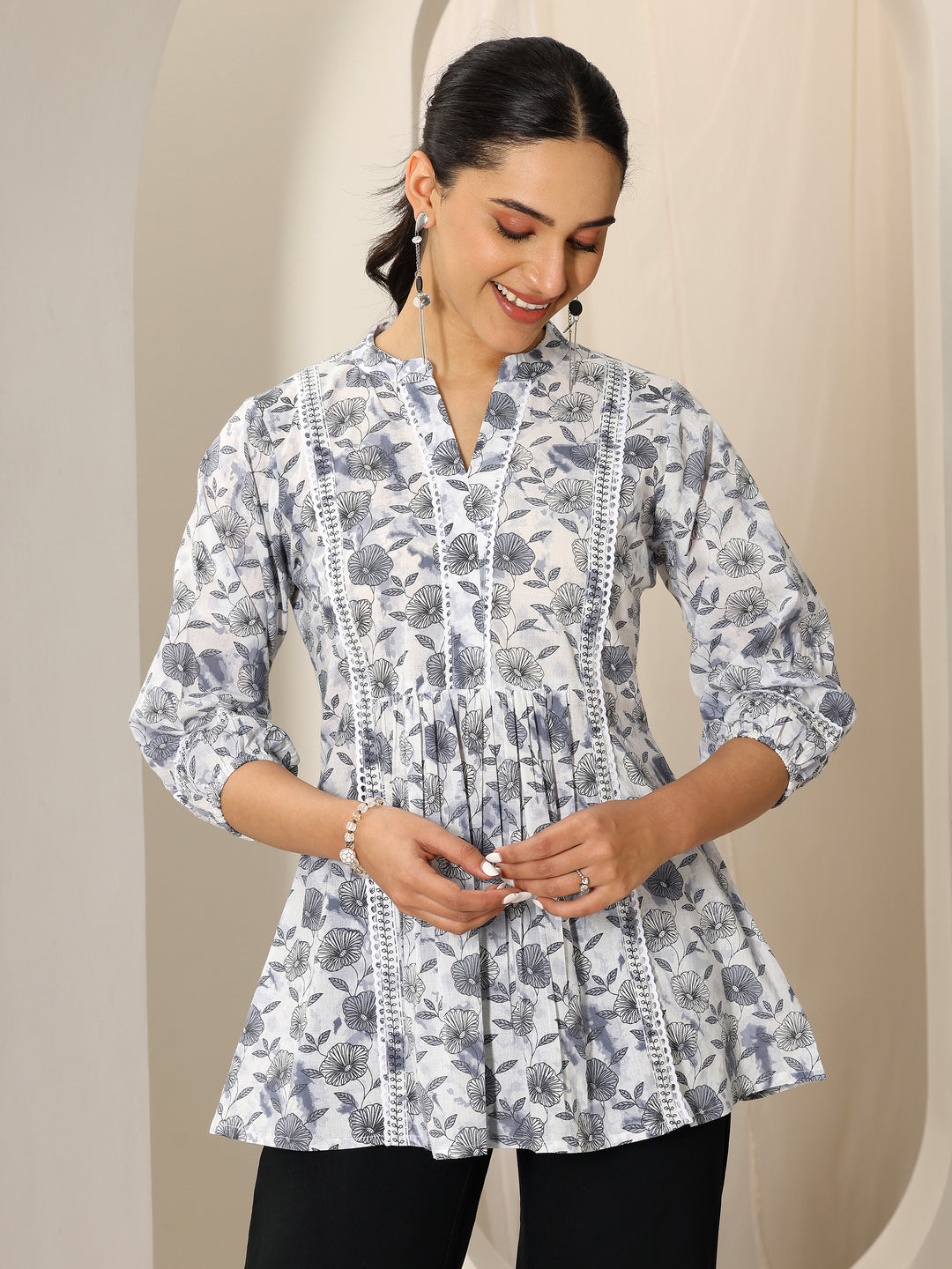  Grey Printed Cotton A-Line Short Kurti 