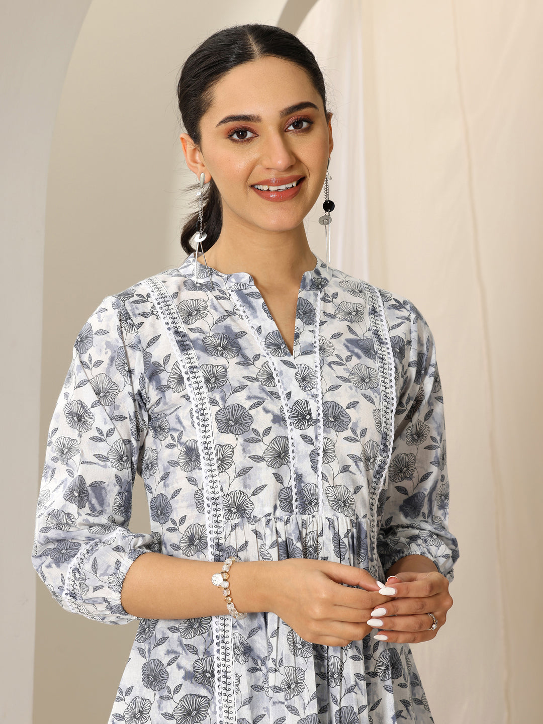  Grey Printed Cotton A-Line Short Kurti 