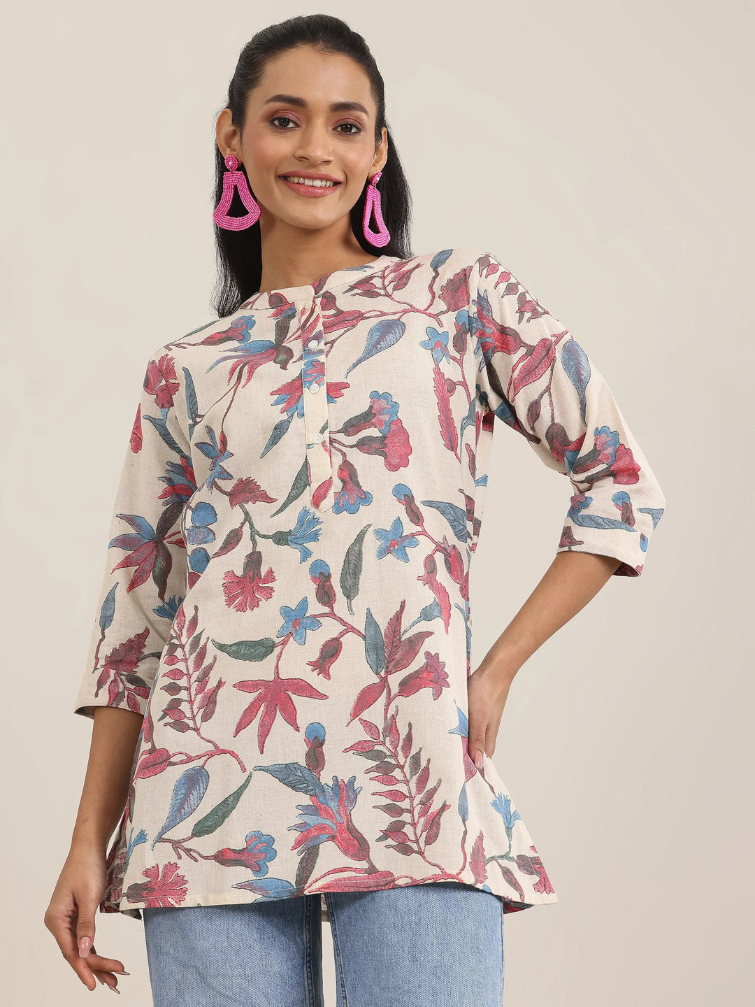  Multi Printed Cotton Straight Short Kurti 