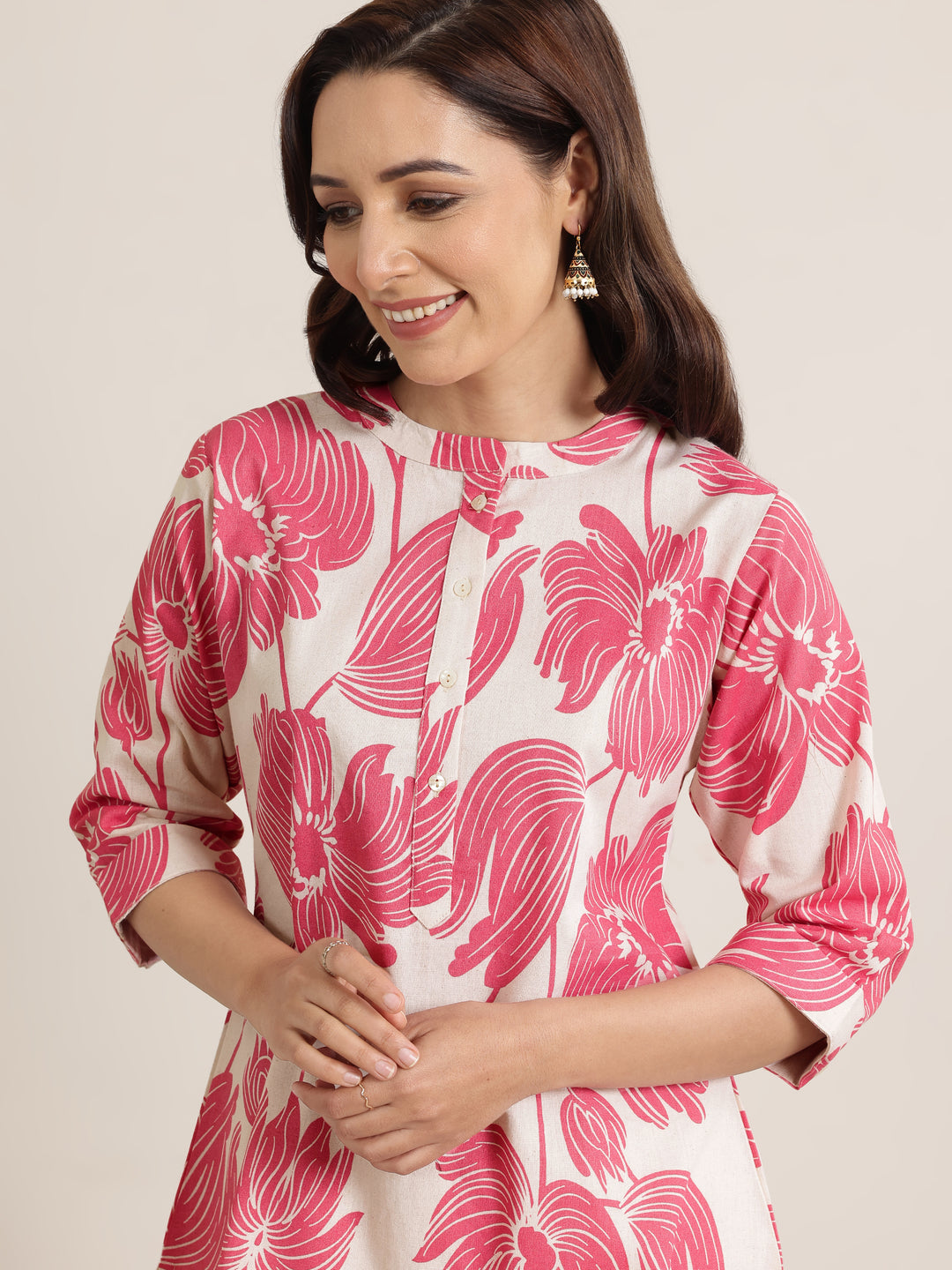  Pink Printed Cotton Straight Short Kurti 