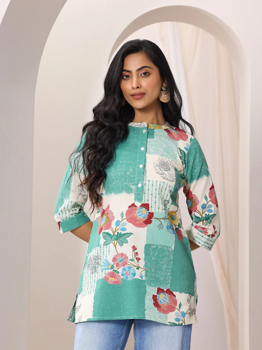  Green Printed Cotton Straight Short Kurti 