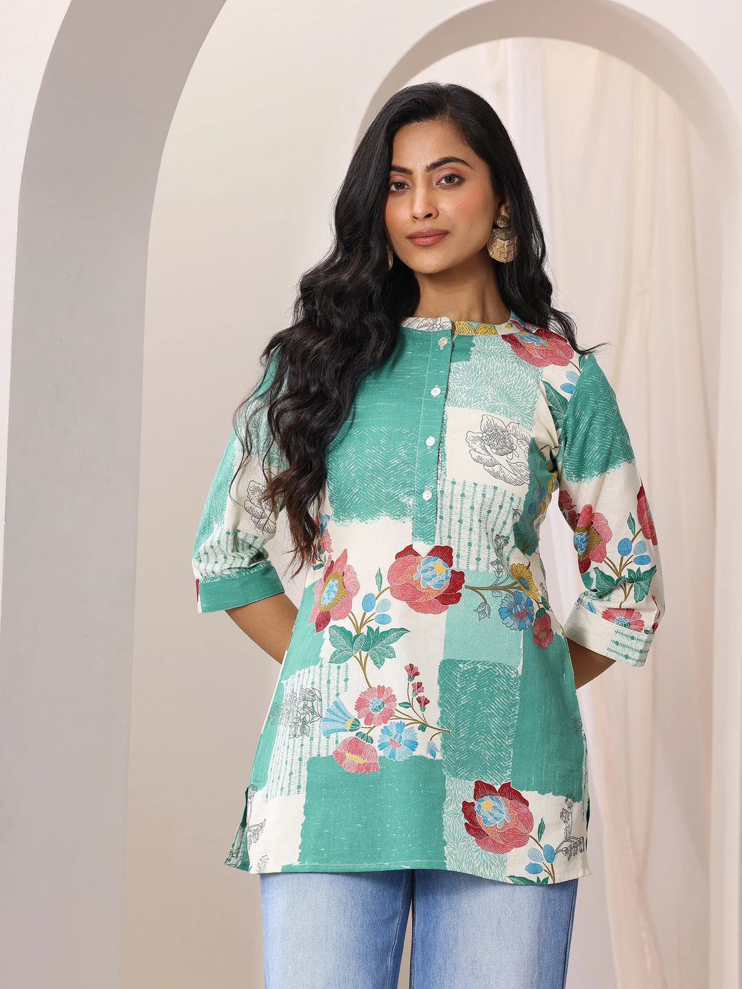  Green Printed Cotton Straight Short Kurti 