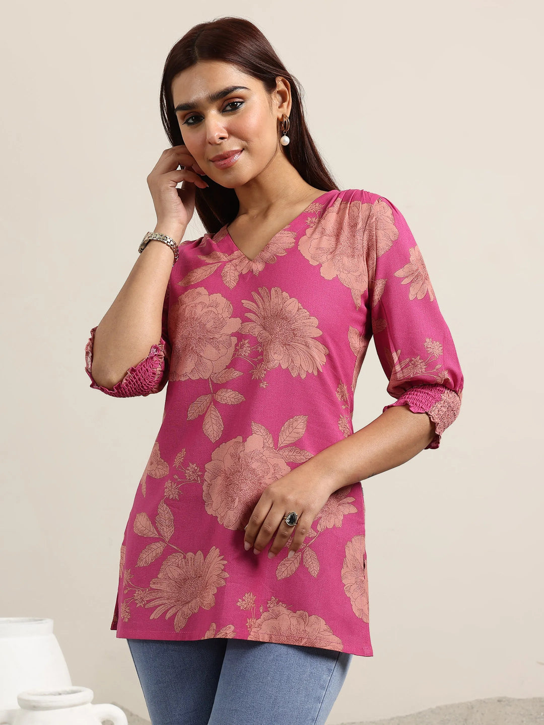  Pink Printed Cotton Straight Kurti 