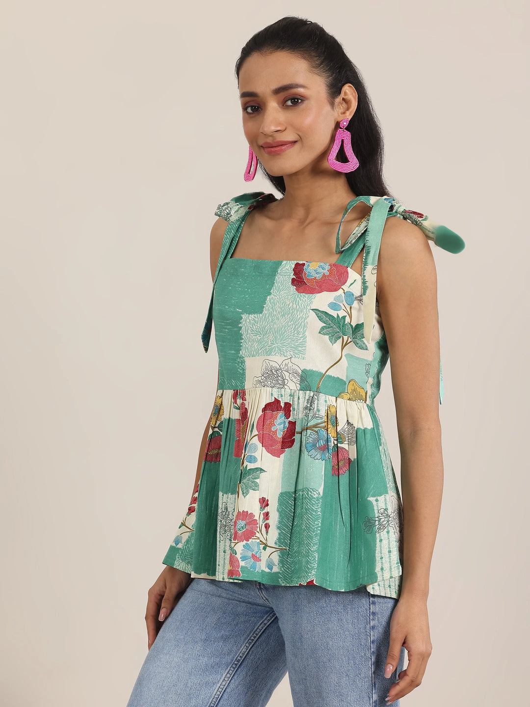  Green Printed Cotton Anarkali Short Kurti 