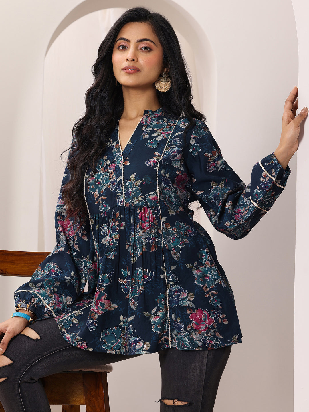 Blue Printed Silk Blend A-Line Short Kurti