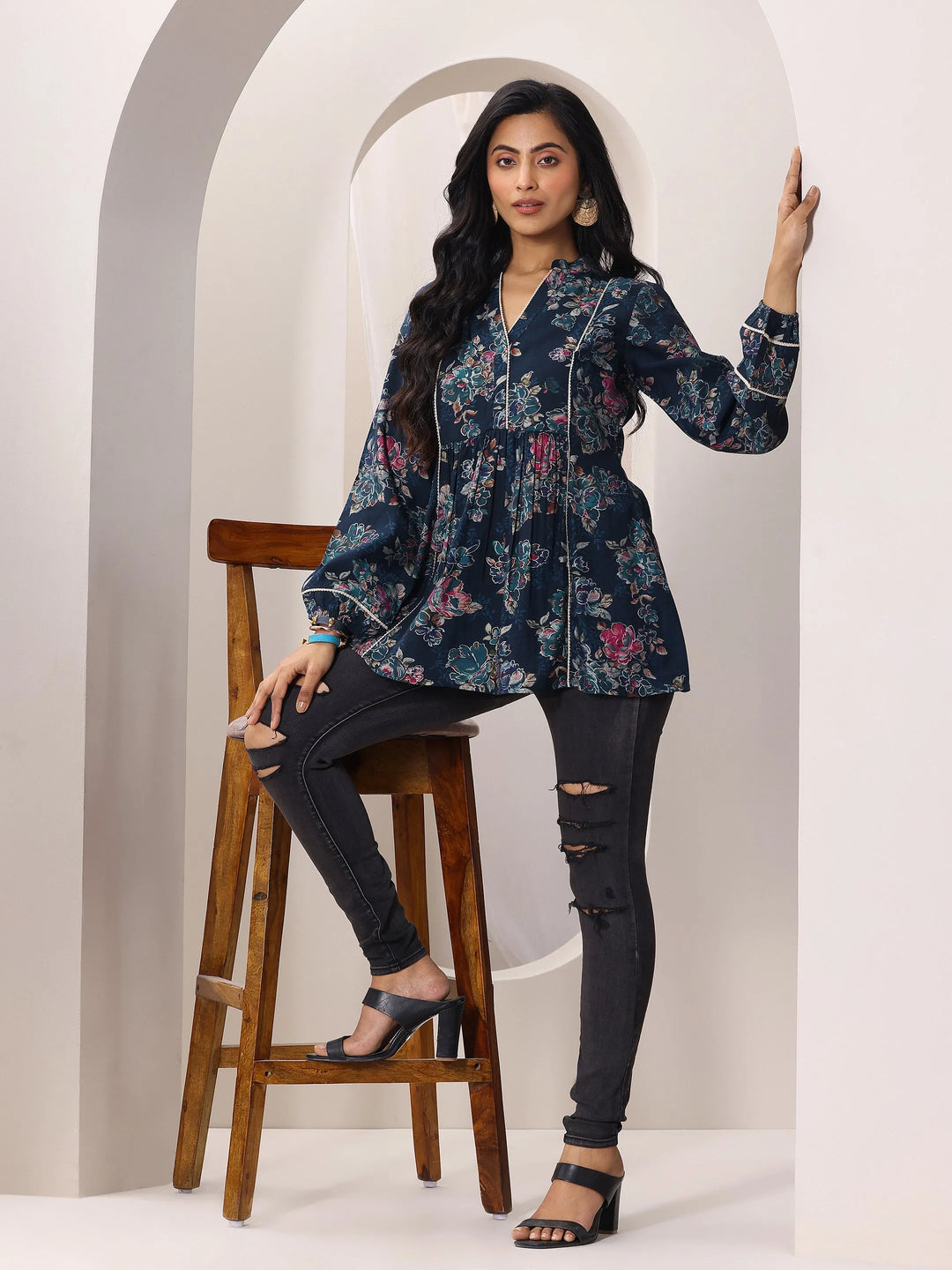  Blue Printed Silk Blend A-Line Short Kurti 