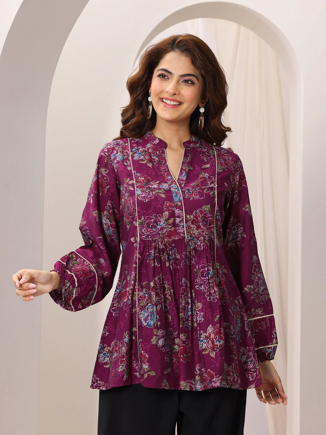  Pink Printed Silk Blend A-Line Short Kurti 