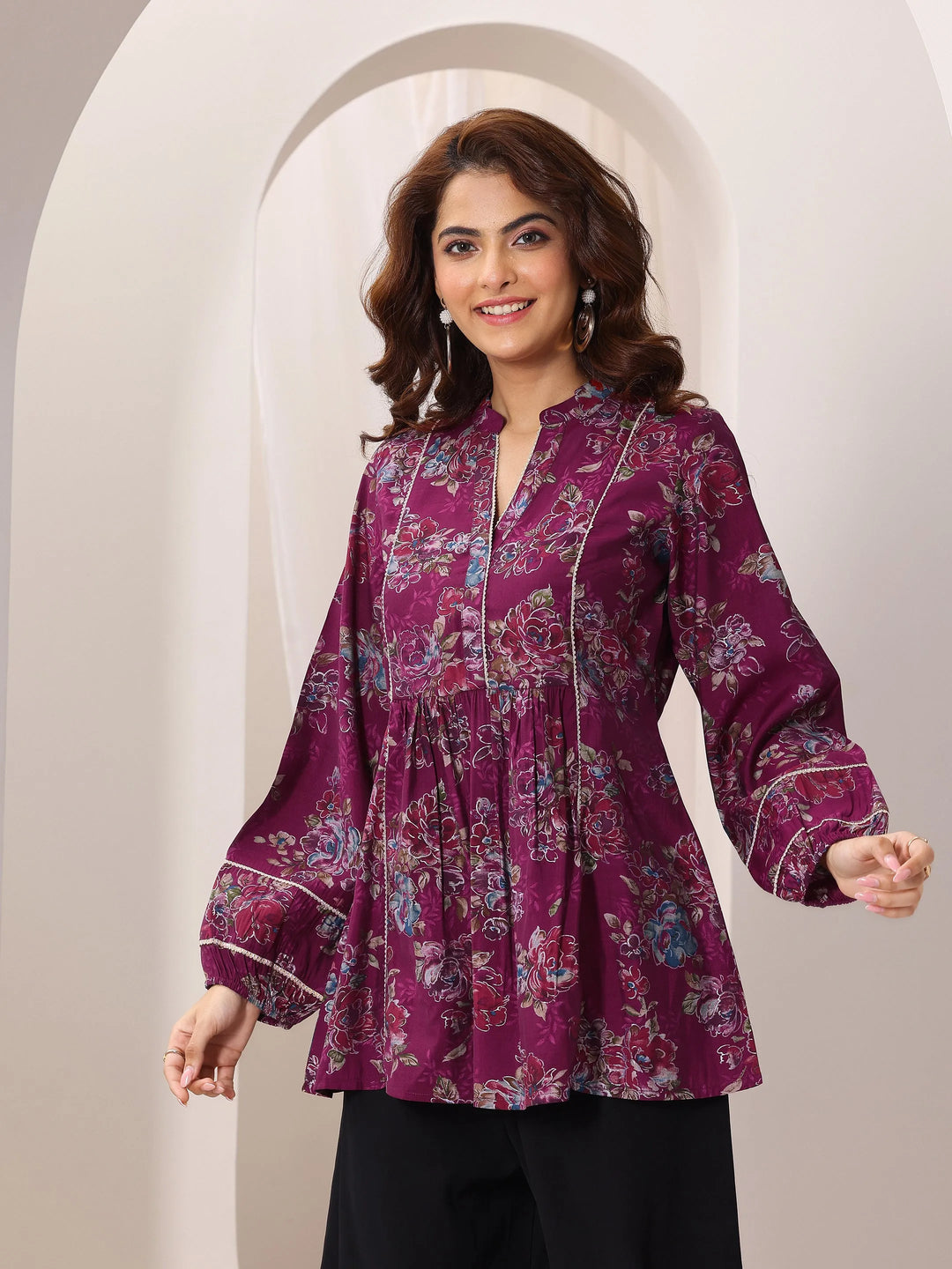  Pink Printed Silk Blend A-Line Short Kurti 