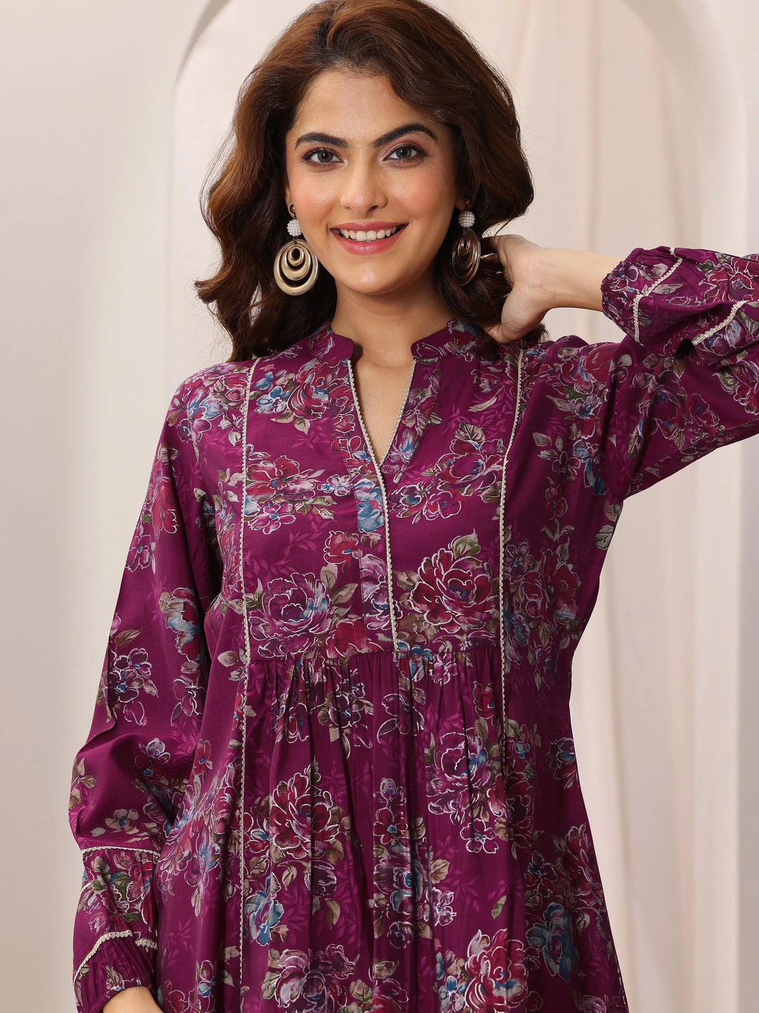  Pink Printed Silk Blend A-Line Short Kurti 