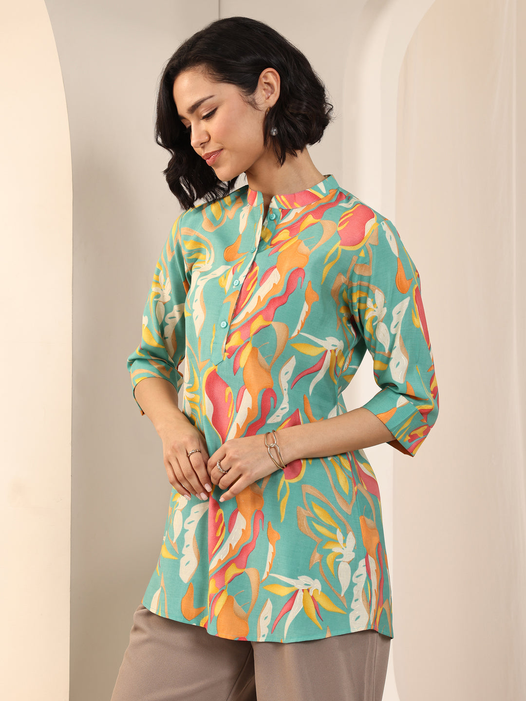  Multi Printed Silk Blend Straight Short Kurti 