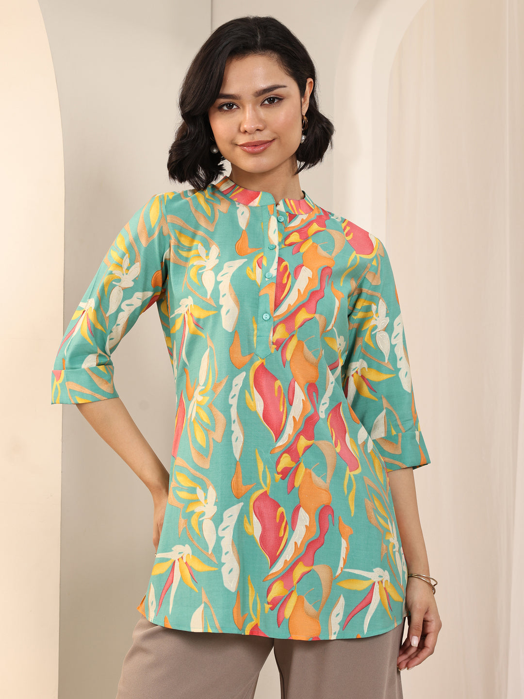  Multi Printed Silk Blend Straight Short Kurti 